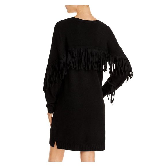 AQUA Fringe Sleeve Sweater Dress Black NWT - Size Medium - Picture 2 of 3